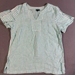 Talbots Petites LP Linen Top Green White Striped V-Neck Short Sleeve Tunic